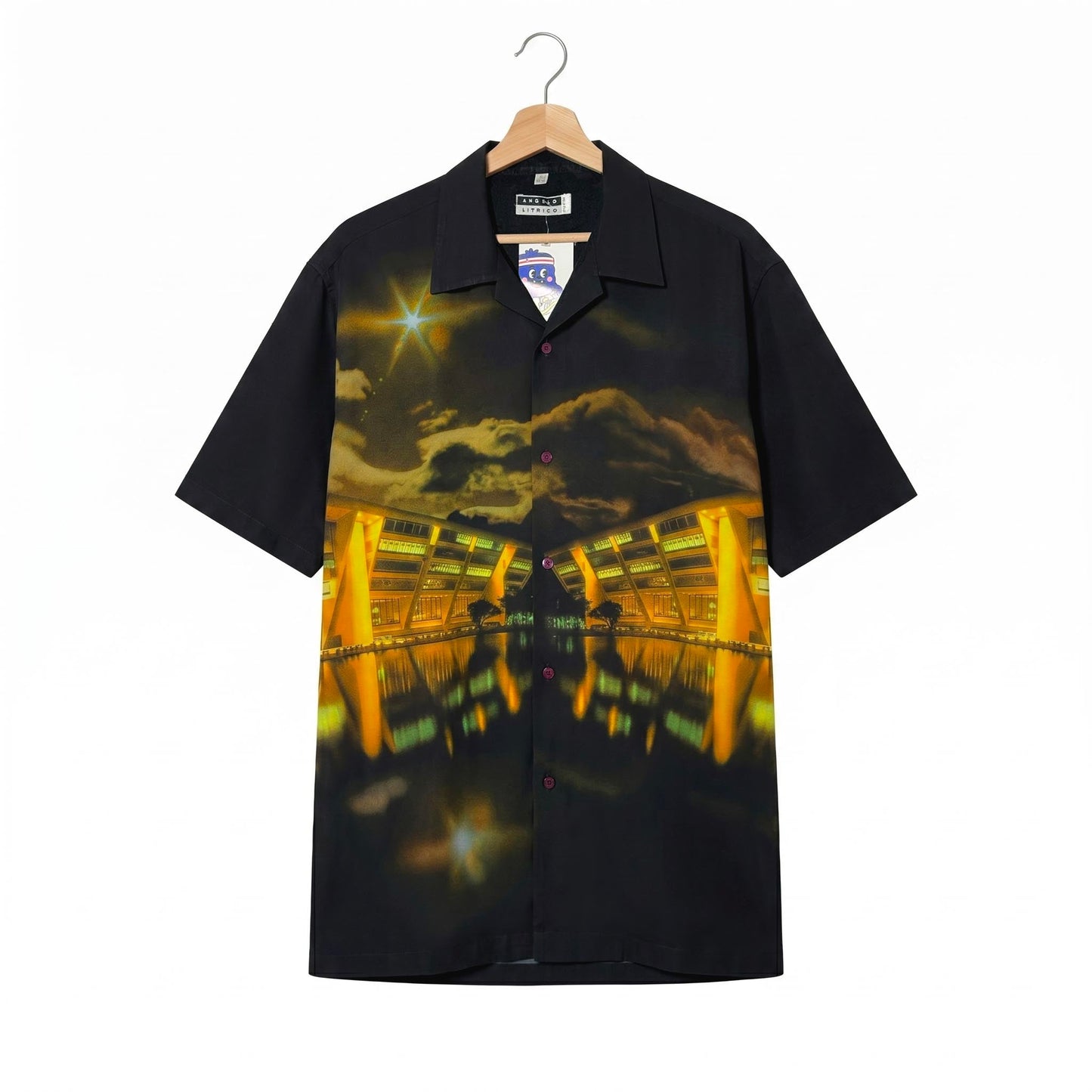 Camicia Stampa Fotografica Nera Edificio Modernista Notturno – XL