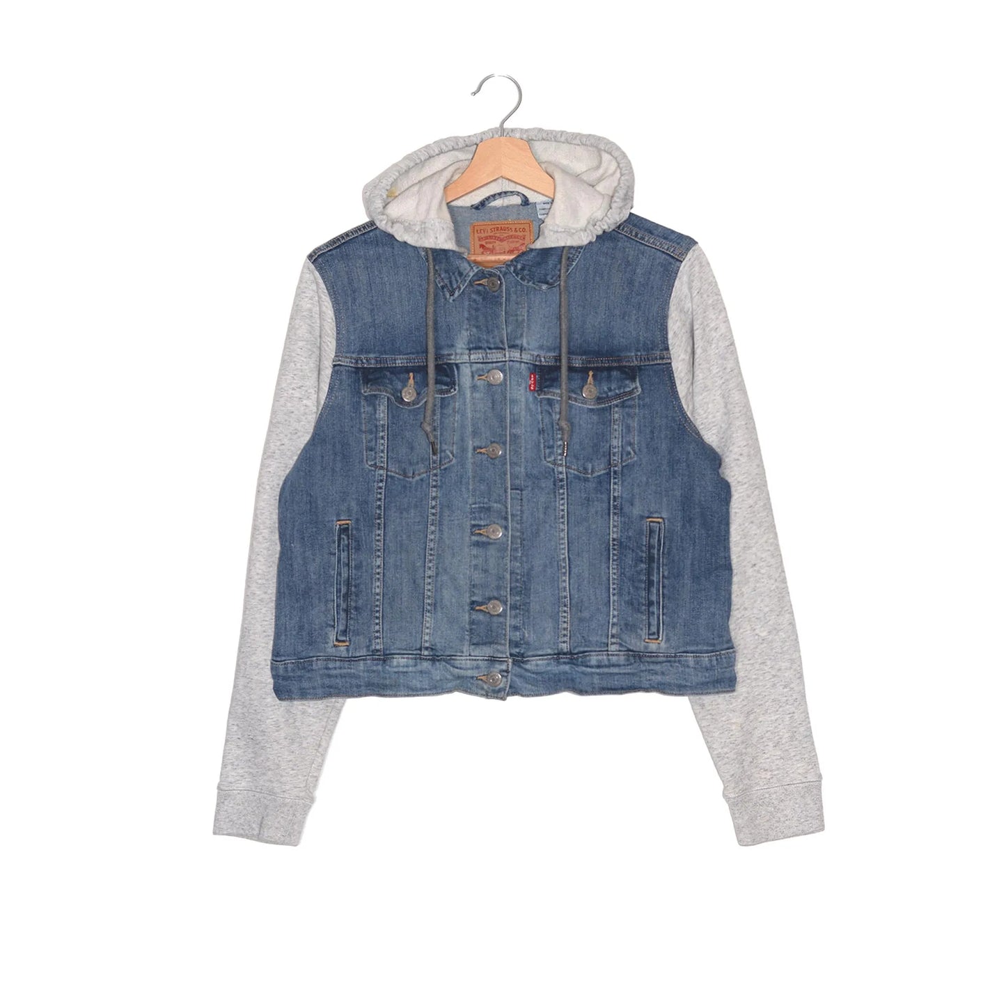Giacca Levi's Trucker Denim Chiaro – Cappuccio Felpa Grigia – XL