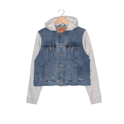 Giacca Levi's Trucker Denim Chiaro – Cappuccio Felpa Grigia – XL