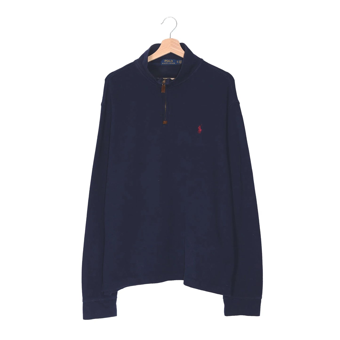 Felpa Half-Zip Polo Ralph Lauren Navy – Pony Rosso – Zip con Linguetta in Pelle – Taglia XL
