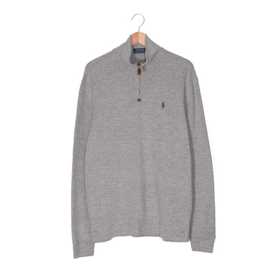 Felpa Half-Zip Polo Ralph Lauren Grigio Melange – Pony Blu Navy – Zip in Pelle – Taglia M