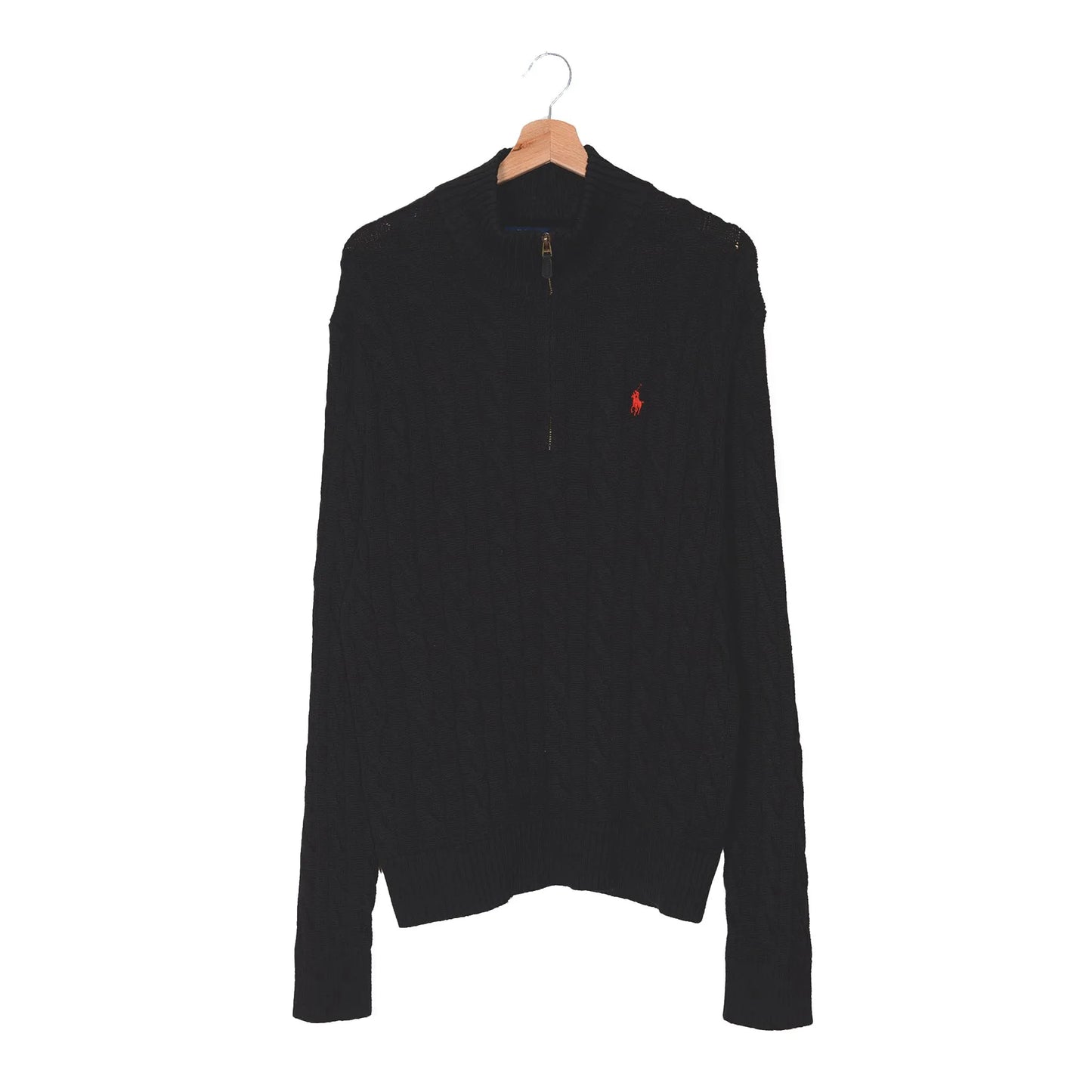 Felpa Half-Zip Polo Ralph Lauren Nero Cable Knit – Zip Ottone Pony Rosso – L