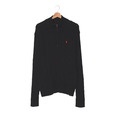 Felpa Half-Zip Polo Ralph Lauren Nero Cable Knit – Zip Ottone Pony Rosso – L
