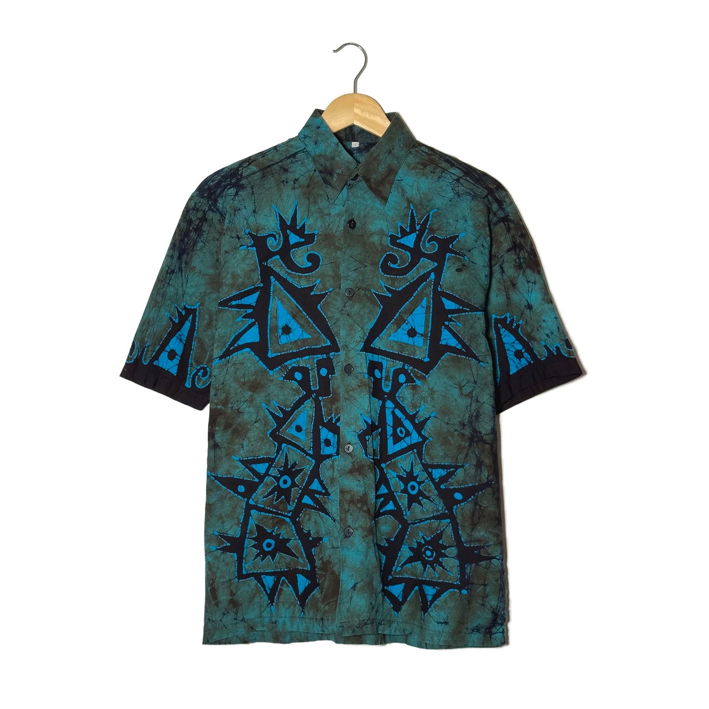 Camicia Batik Teal Motivi Tribali Geometrici Cotone Artigianale – S