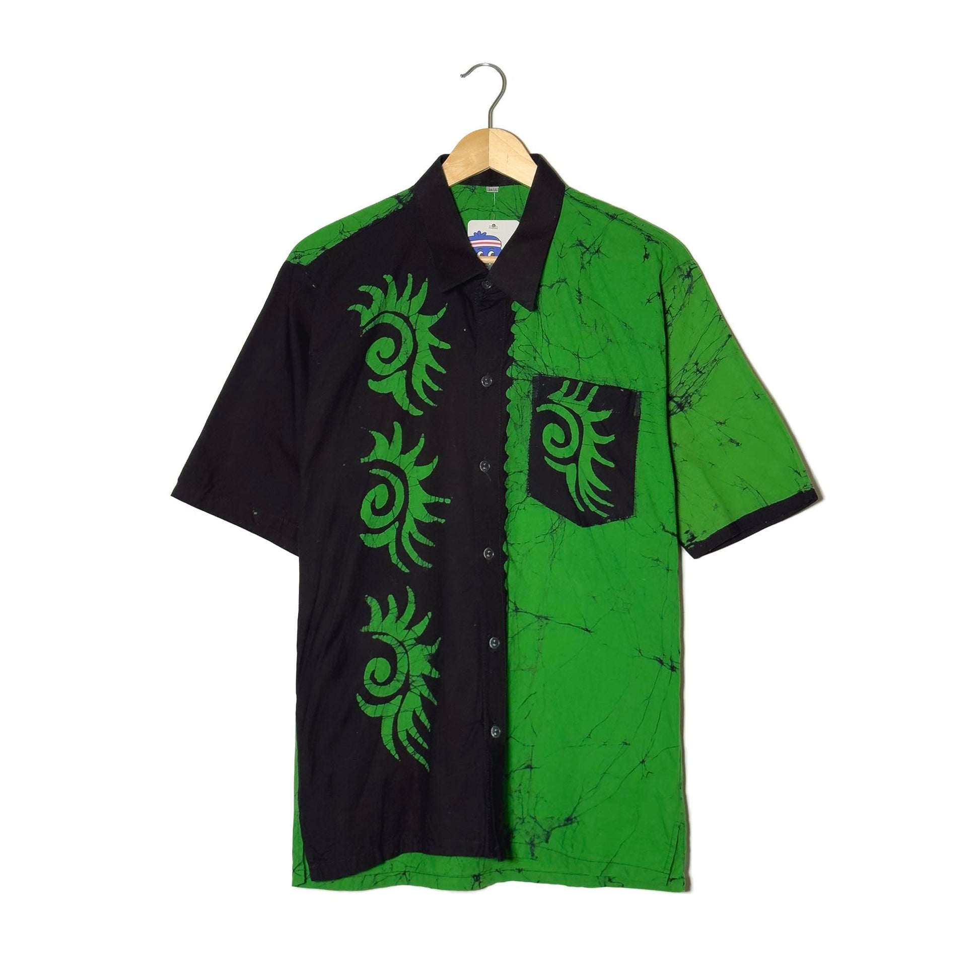 Camicia Batik Bicolor Verde e Nero Motivi Solari Cotone – S