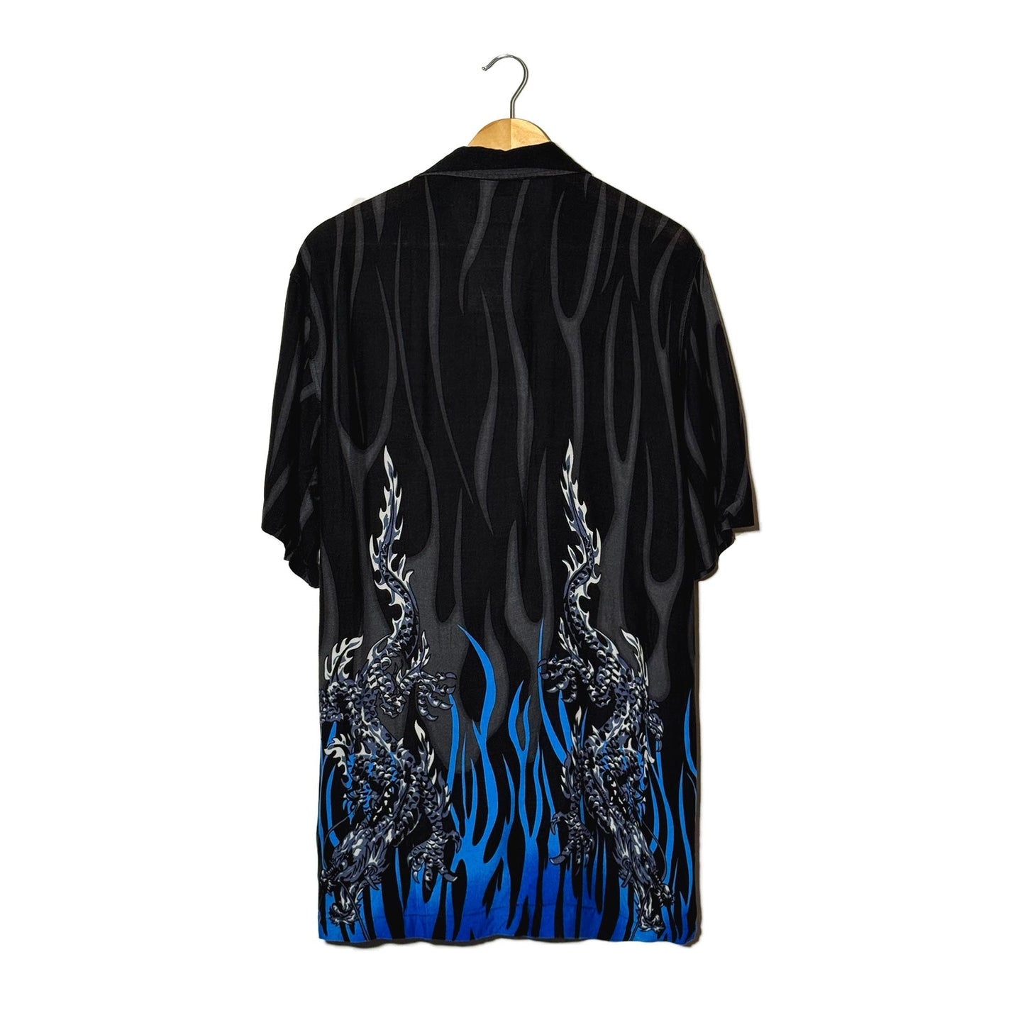 Camicia Nera Draghi Fiamme Blu Viscosa Border Print Y2K – S/M 2