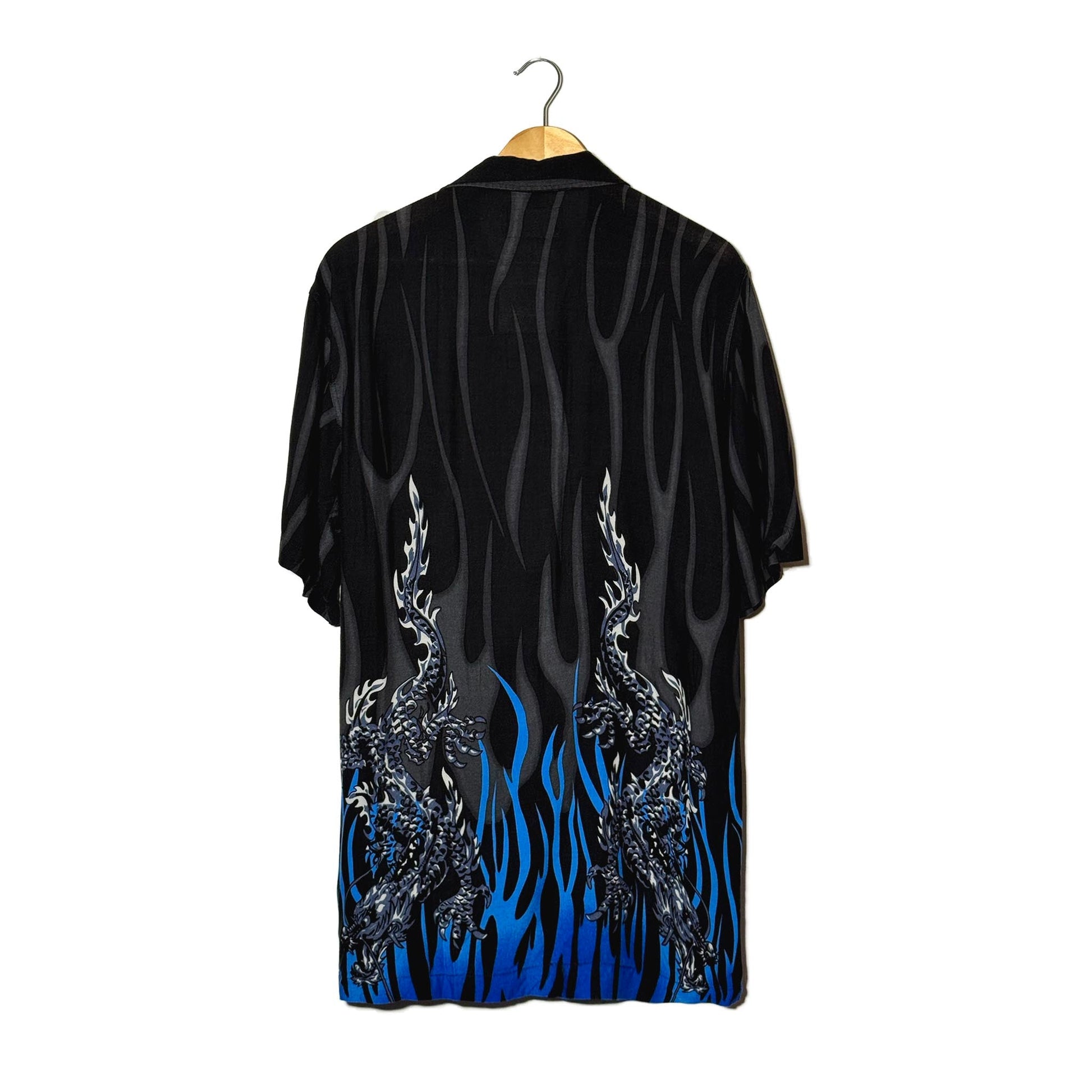 Camicia Nera Draghi Fiamme Blu Viscosa Border Print Y2K – S/M 2