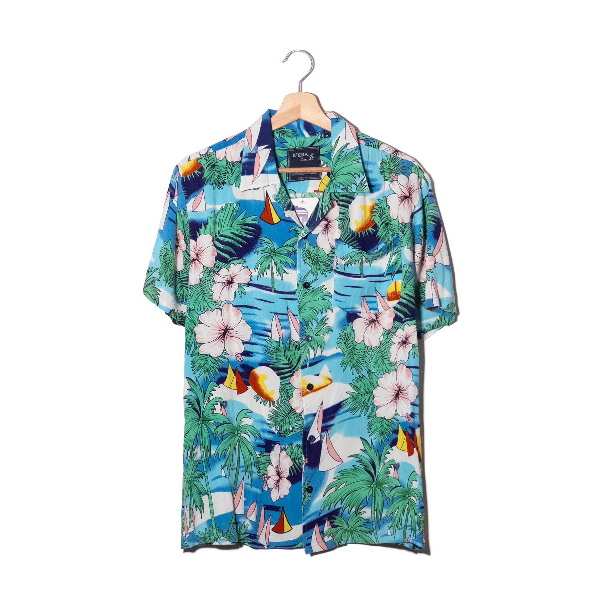 Camicia Aloha Azzurra Ibisco Rosa Barche a Vela Viscosa – M