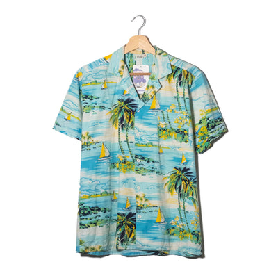 Camicia Aloha Azzurra Cotone Barche a Vela Palme Tropicali – M