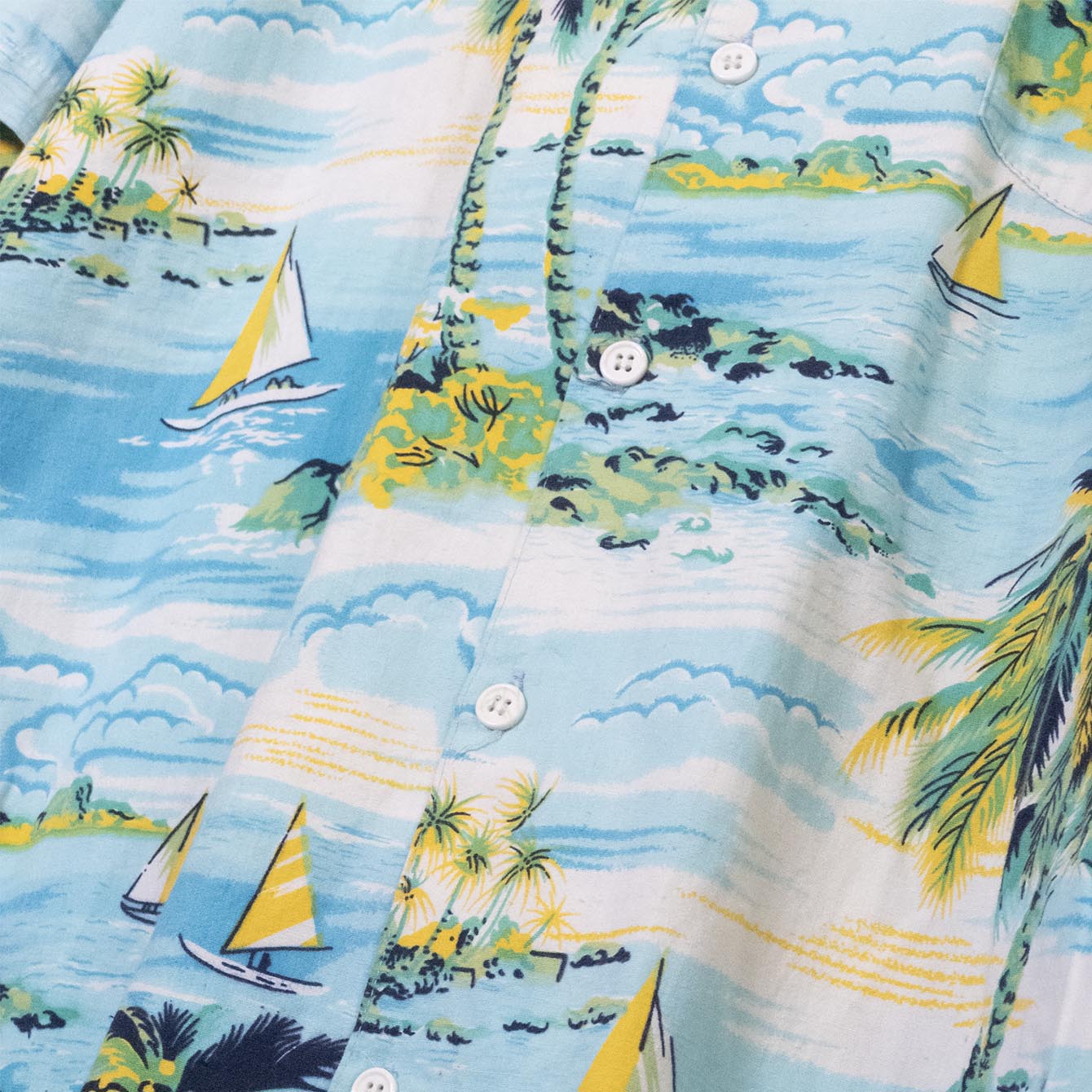 Camicia Aloha Azzurra Cotone Barche a Vela Palme Tropicali – M