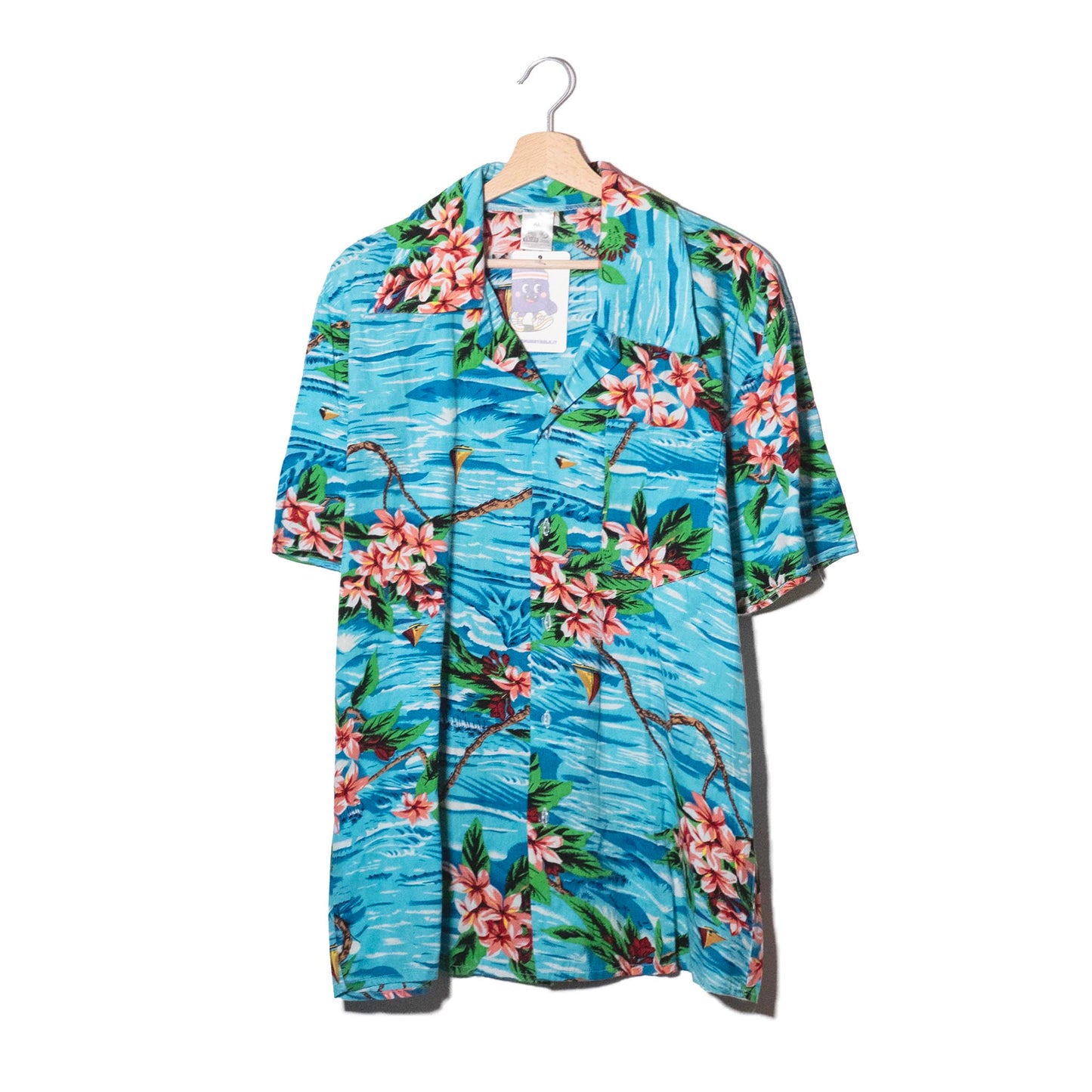 Fries Party-Chic Camicia Aloha Azzurra Plumeria Rosa – XL